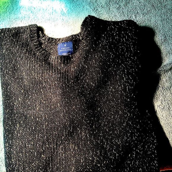 American Eagle Vintage Boyfriend sweater with gold & silver metallic yarn/black - Picture 1 of 8